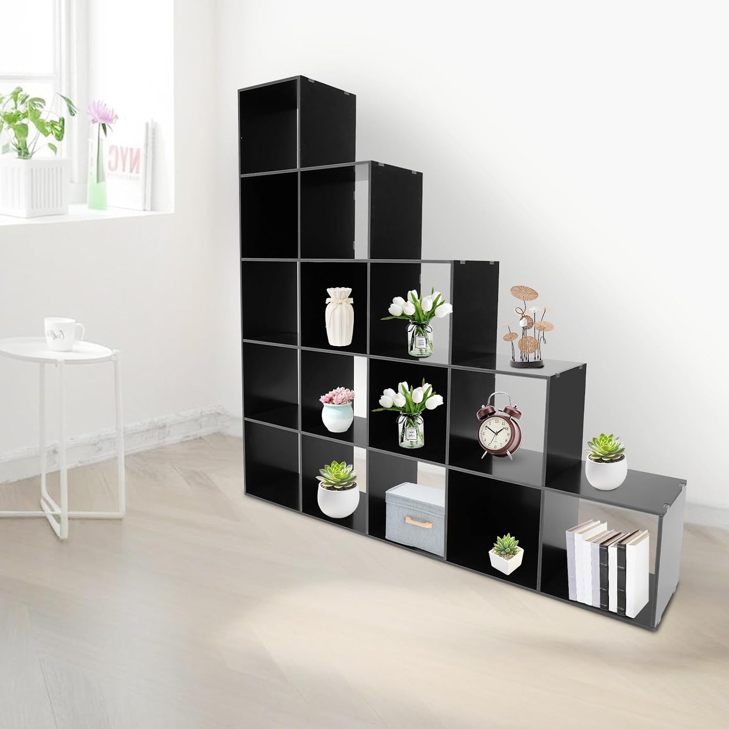 Ladder Cube Storage Bookcase 15-Cube Organizer for Home & Office L-Shaped Corner Shelf Freestanding L-Shaped Stepped Bookcase for Living Room Bedroom (Black, 15-Cube)