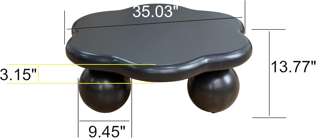 35.03' Cloud Coffee Table for Living Room Unique Coffee Table Modern Low Coffee Tables Cute Center Table with 3 Ball Legs for Small Space Apartment Cream Flower-Black
