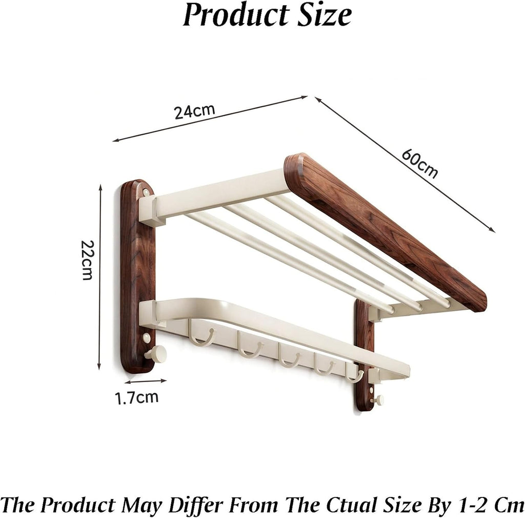Space Aluminum+Solid Wood Towel Rack,Double Layer Bar Wall Mounted,with Foldable Shelf and Hooks,Bathroom Accessories,for Bedroom Bathroom Kitchen