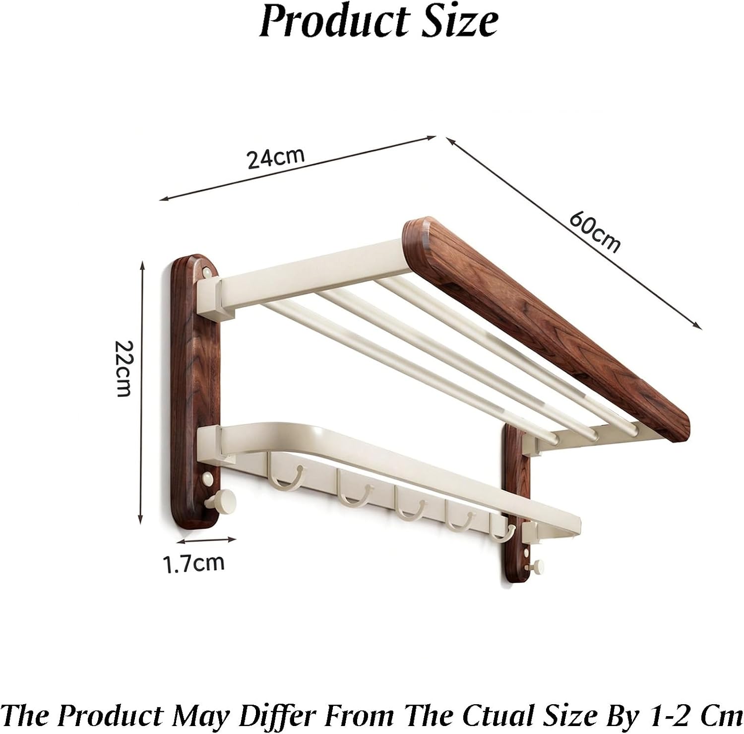 Space Aluminum+Solid Wood Towel Rack,Double Layer Bar Wall Mounted,with Foldable Shelf and Hooks,Bathroom Accessories,for Bedroom Bathroom Kitchen