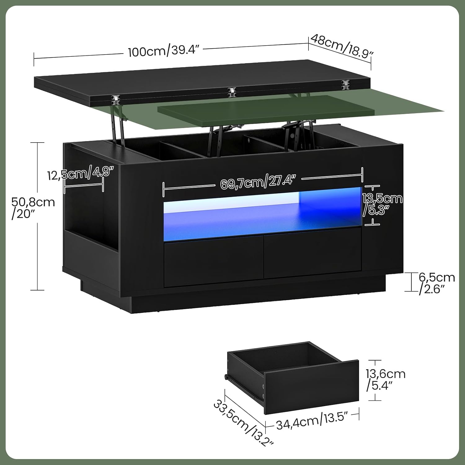 CHOEZON 40-Inch Lift Coffee Table with 2 Drawers, LED Lights and Storage, 4-in-1 Multi-Use Center Table with Floating Base, for Living Room, Black MKF03DBB