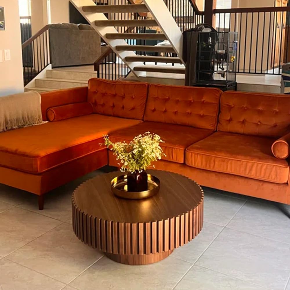 39.37'' Walnut Round Coffee Table for Living Room, Modern Wood Contemporary Circle Fluted Drum Style, Easy Assembly, Walnut (ø39.37'' x 13.42'')