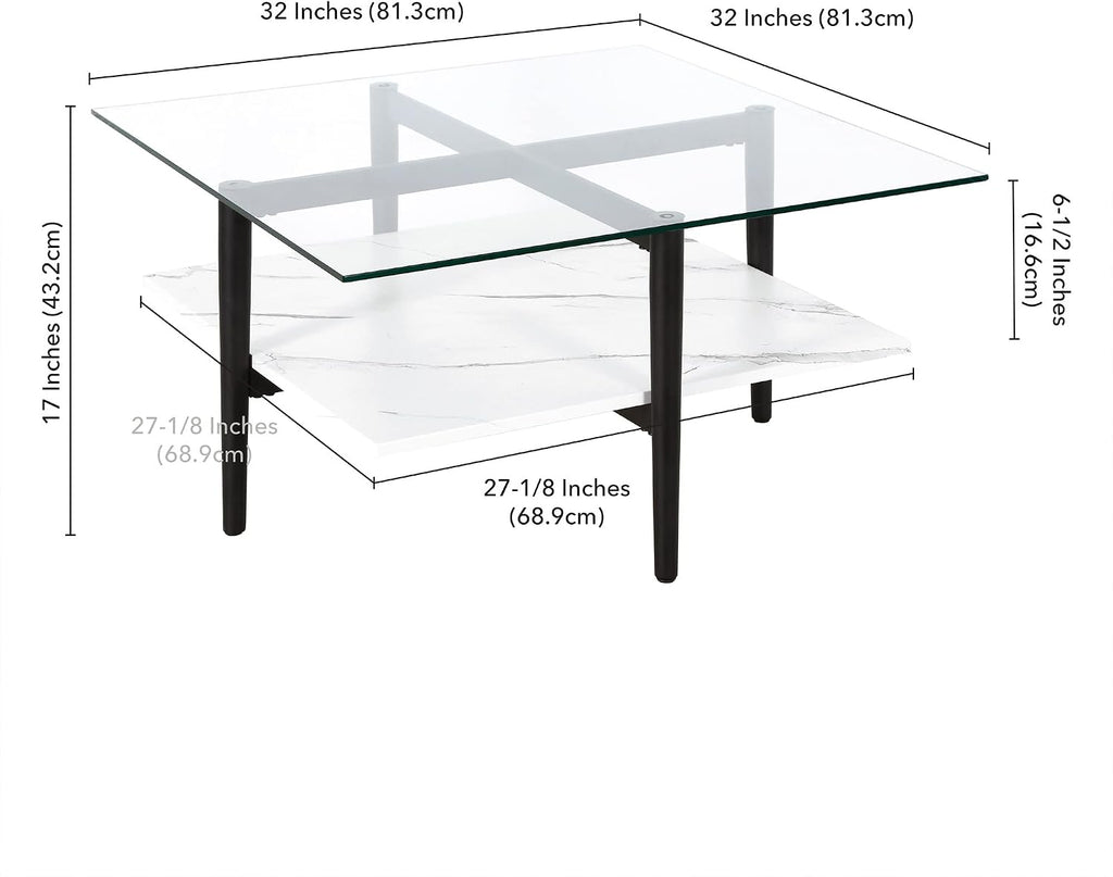Otto 32' Wide Square Coffee Table with Faux Marble Shelf in Blackened Bronze
