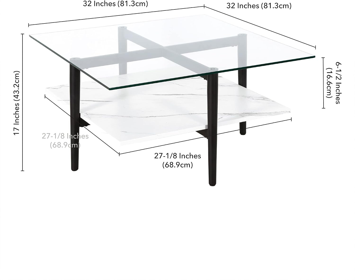 Otto 32' Wide Square Coffee Table with Faux Marble Shelf in Blackened Bronze