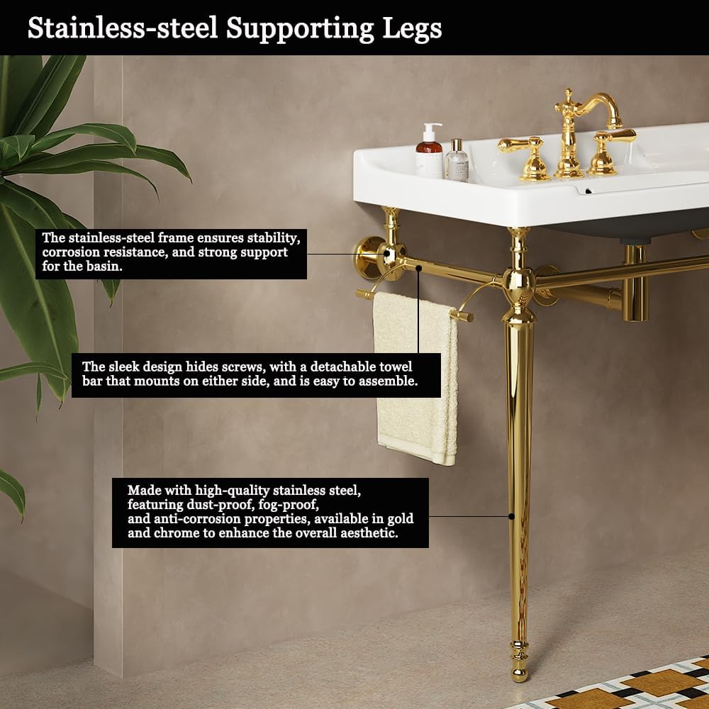 28' Bathroom Console Sink, Wall-Mounted White Ceramic Vanity Basin with 3 Pre-drilled Faucet Holes, Freestanding Gold Stainless Steel Support Legs with Towel Bar, No Faucet - Rome, White