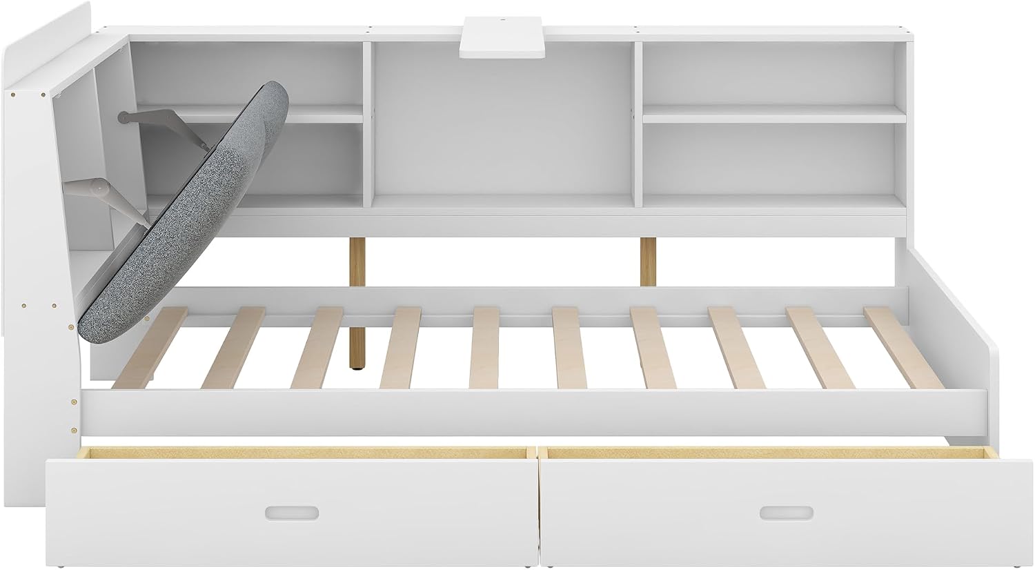 Twin Size Daybed with Storage Drawers and Bookcase,White | Pine Wood Corner Bed,Upholstered Storage Headboard,for Kids Boys Girls,Rotatable Board