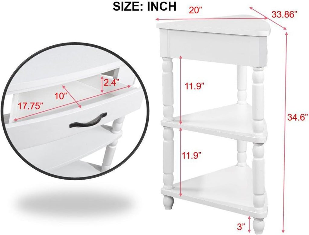 33.86' Corner Table, Wood 3 Tier Triangle Side Table Corner Shelf Stand with Solid Wood Legs 1 Drawer & 2 Storage Shelves for Living Room Small Space (Milk White)