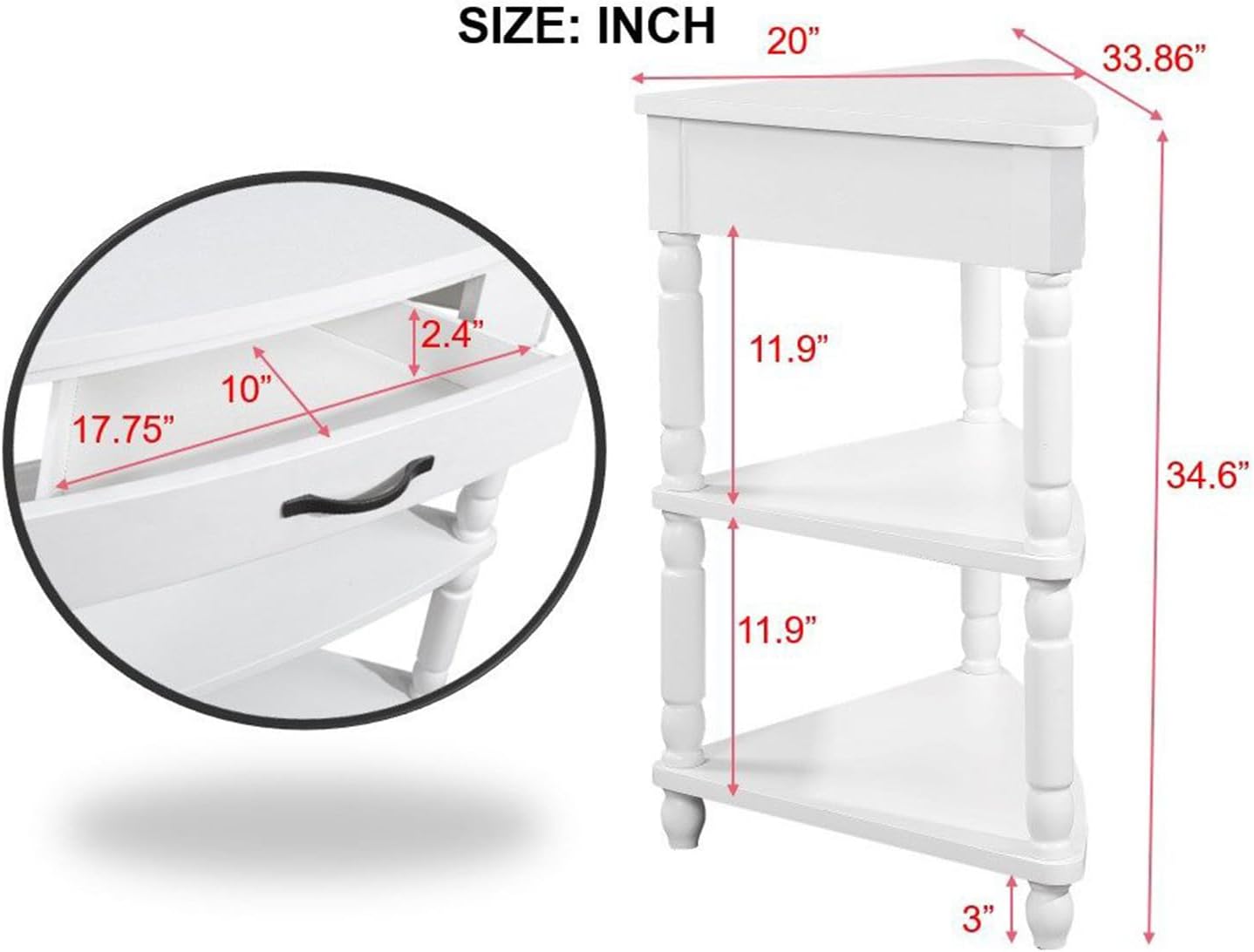 33.86' Corner Table, Wood 3 Tier Triangle Side Table Corner Shelf Stand with Solid Wood Legs 1 Drawer & 2 Storage Shelves for Living Room Small Space (Milk White)