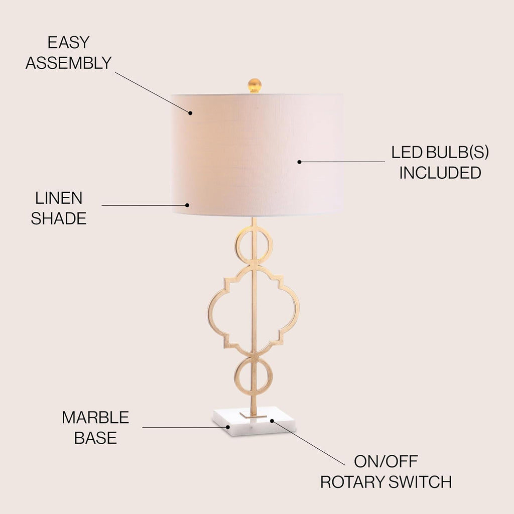 JONATHAN Y 31' Gold Modern Quatrefoil LED Table Lamp, Contemporary Metal Iron Lamp with White Marble Base and Linen Drum Shade for Living Room Bedroom, LED Bulb Included JYL3026A