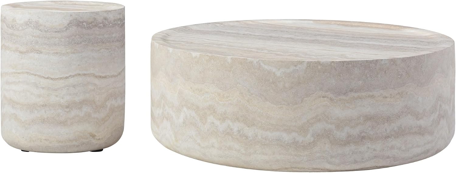 Round Coffee Table Set of 2 for Living Room Modern Drum Center Table Circle Side Tables for Apartment, No Need Assembly (Fiberglass 35.43' &15.74')