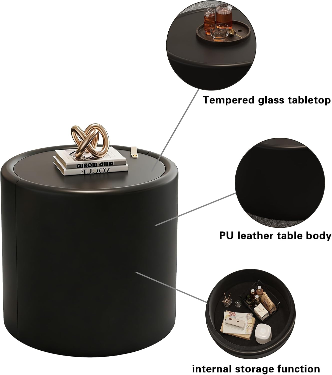 Round Coffee Table Set with Hidden Storage, 27.56' Black Drum Center Table and 19.69' Black Coffee Table Set, 2 Pieces Living Room Table Set with Tempered Glass Top and PU Leather Body