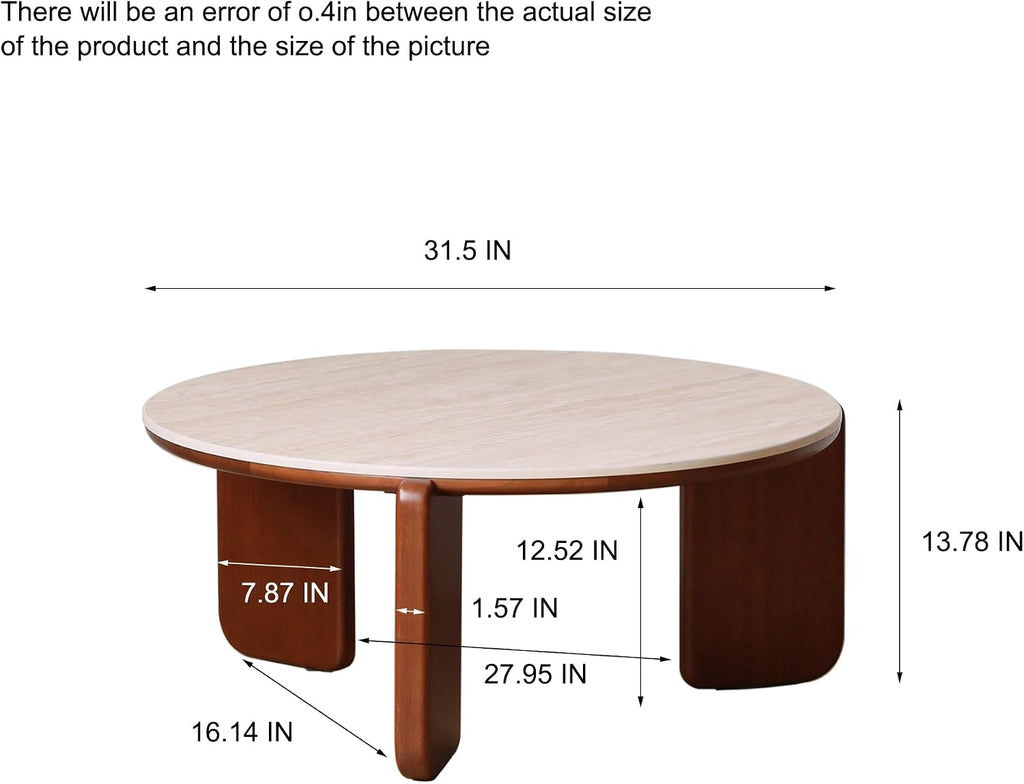 31.5' Modern Faux Mars Coffee Table, Round Sintered Stone Coffee Table with Walnut Solid Wood Leg, Faux Marble Drum Circle Center Table,Cocktail Tea Side End Tables for Living Room Apartment Home