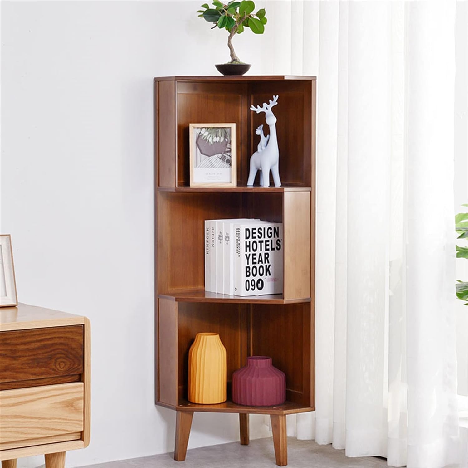 TOMYEUS Bookshelf Creative Wooden Triangle Bookshelf Corner Small Bookshelf Floor-to-Ceiling Corner Shelf for Living Room Bedroom Office Bookcase Storage Rack
