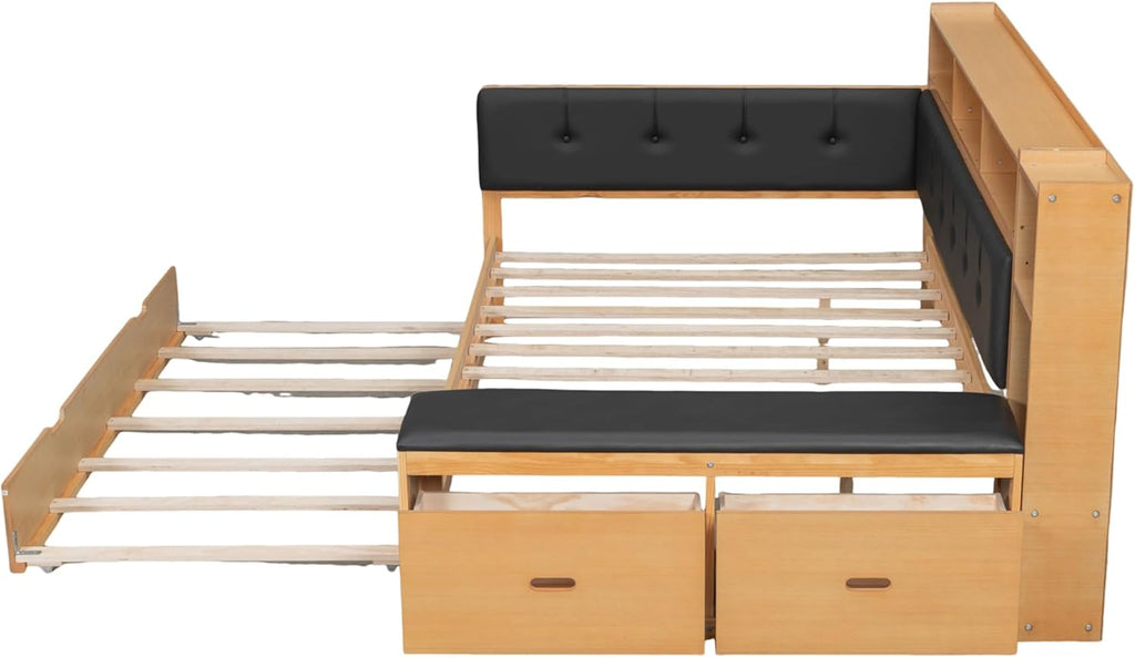 SOFTSEA Full Size Daybed with Trundle & Storage Drawers, Wood L-Shaped Daybed Corner Bed with Upholstered Headboard, Bench, 2 Drawers, Bookcase & USB Ports for Boys Girls Kids Adults, Natural Black
