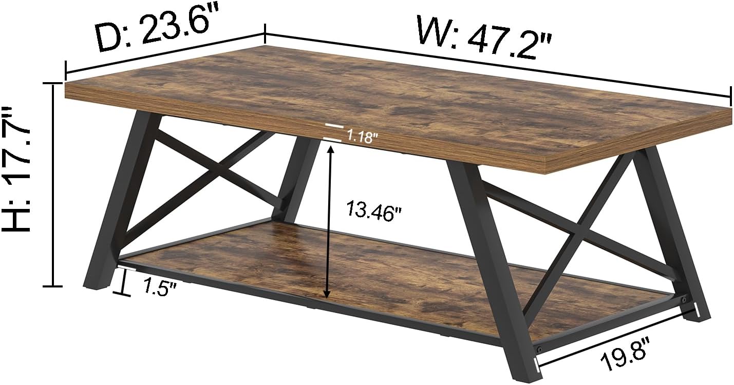 EXCEFUR Modern Coffee Table, Wood and Metal Living Room Center Table with Storage Shelf, Industrial Rectangle Cocktail Tea Table, Rustic Brown, 47 Inch