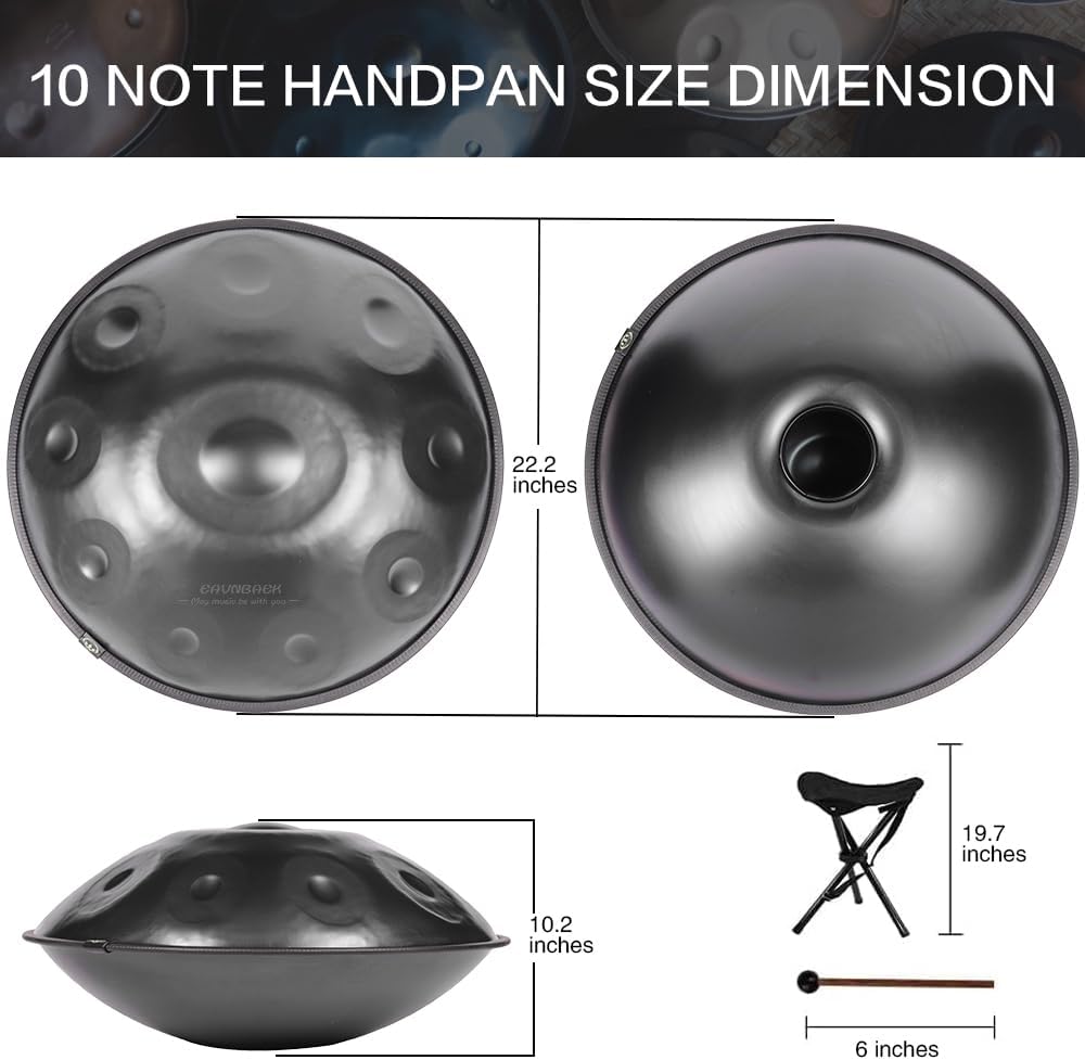 Eavnbaek Advanced Adult Handpan - 22-Inch 10-Note 440Hz D Minor Kurd Steel Drum with Soft Bag, Mallets, Stand and Dust-Free Cloth (Black)
