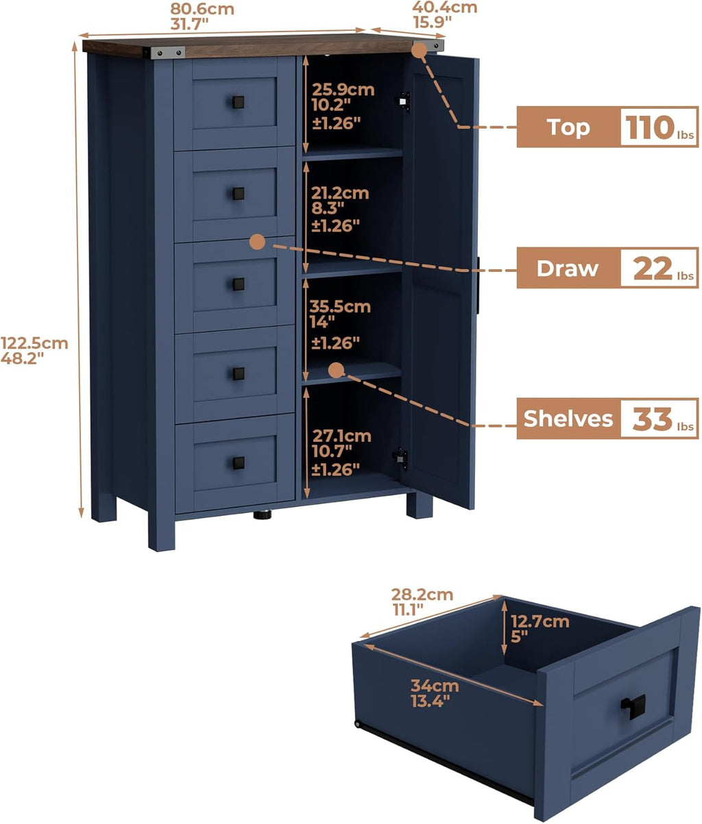 VVFLU Farmhouse Tall Dresser Chest of Drawer for Bedroom, 5 Drawer Storage Cabinet with Barn Door, 48 Inch Tall Wood Dresser, Adjustable Shelves, Rustic, for Living Room, Entryway, Hallway