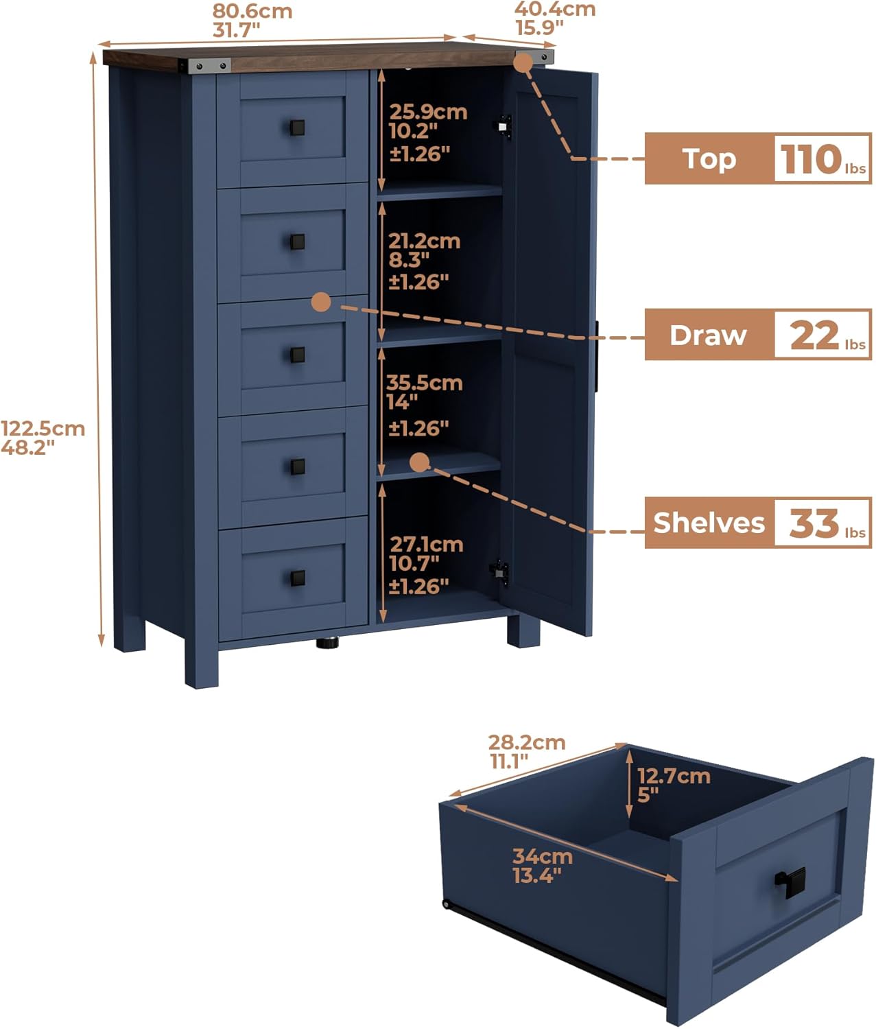 VVFLU Farmhouse Tall Dresser Chest of Drawer for Bedroom, 5 Drawer Storage Cabinet with Barn Door, 48 Inch Tall Wood Dresser, Adjustable Shelves, Rustic, for Living Room, Entryway, Hallway