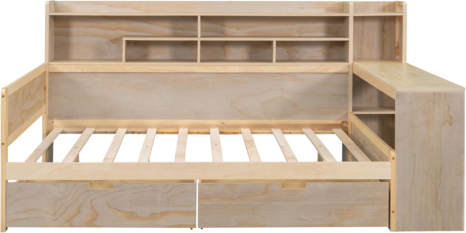 SOFTSEA Full Size Daybed with Storage Bookcase & Drawers, Wood Daybed with Study Desk and Storage Shelves for Kids Teens Adults, Full Corner Bed Frame with Storage Headboard, Antique Natural