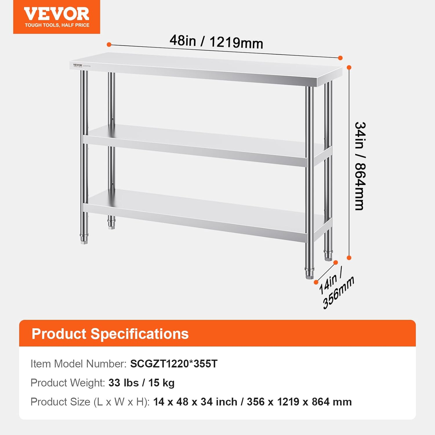 VEVOR Stainless Steel Food Prep Table, 14 x 48 x 34 Inch Commercial Kitchen Worktable, with 2 Adjustable Undershelf, Heavy Duty Prep Metal Work Tables for BBQ, Kitchen, Home, and Garage
