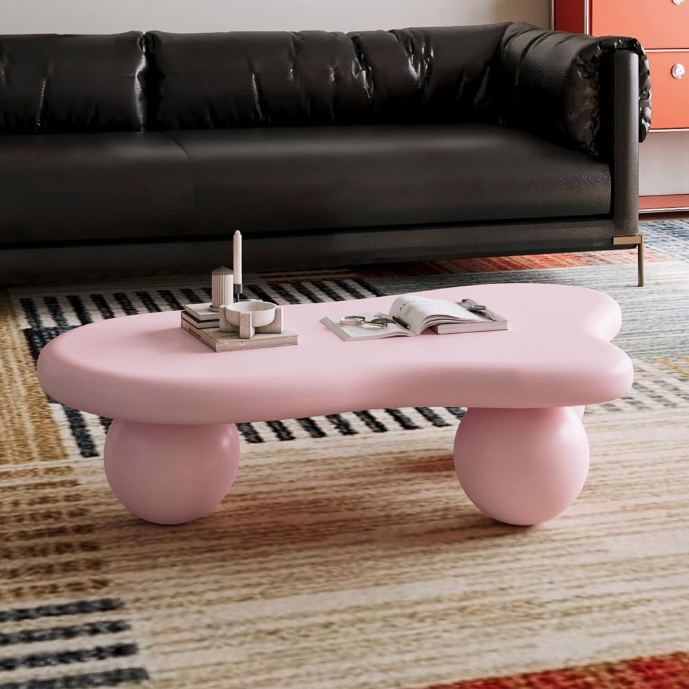 40' Cloud Coffee Table for Living Room Irregular Coffee Table Modern Low Coffee Tables Cute Center Table with 3 Ball Legs for Small Space Apartment Cream Pink