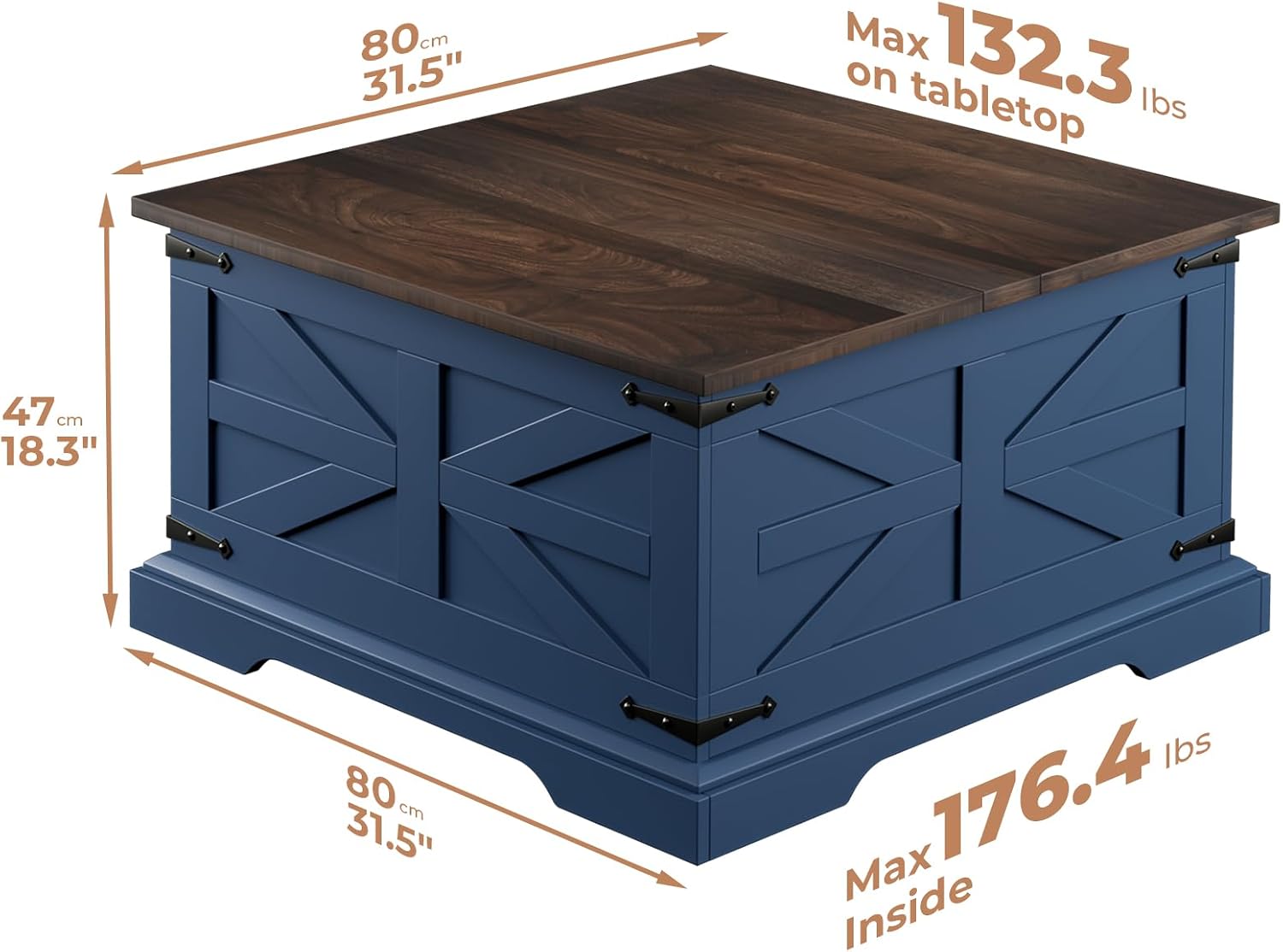 Farmhouse Coffee Table with Large Hidden Storage, Square Wood Living Room Tables, Multi-Function Lift Wooden Barn Door Center Table (Blue &Walnut)