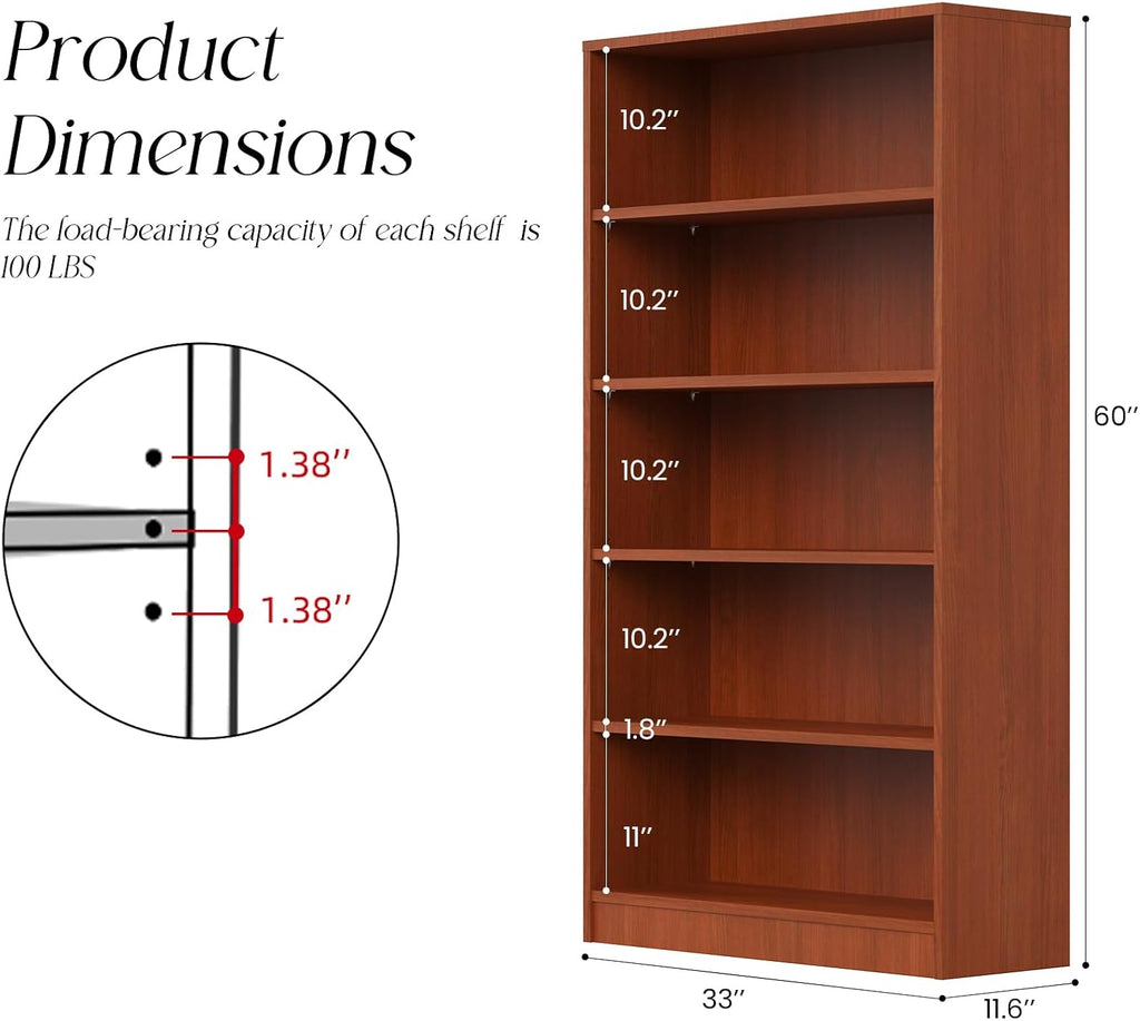 Farini 60 Inch Tall 5-Shelf Bookcase, Wood Bookshelf Storage Organizer Adjustable Shelf for Home Office, Study Room, Easy Assembly,Cherry