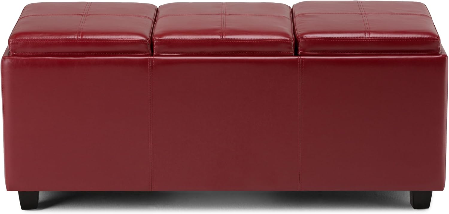 SIMPLIHOME Avalon Storage Ottoman - 42 inch Wide Upholstered Vegan Leather Rectangular Flip-Top Ottoman in Red, Contemporary Coffee Table Ottoman for Living Room with Hidden Storage