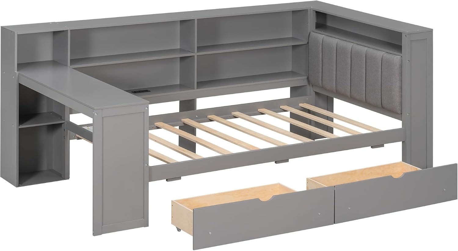 Merax Twin Size Wood Platform Bed with Storage Shelves, Drawers, Charging Station, Desk and Upholstered Headboard, Grey+ Grey Cushion