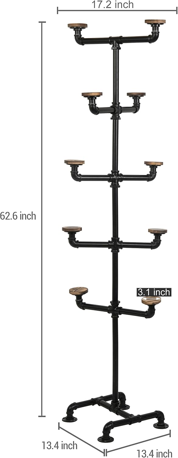 MyGift Hat Rack Stand,Standing Hat Organizer Tree, Baseball Caps Cowboy Hat Display, Industrial Black Metal Pipe Rack with 10 Round Rustic Burnt Wood Hanger Hooks