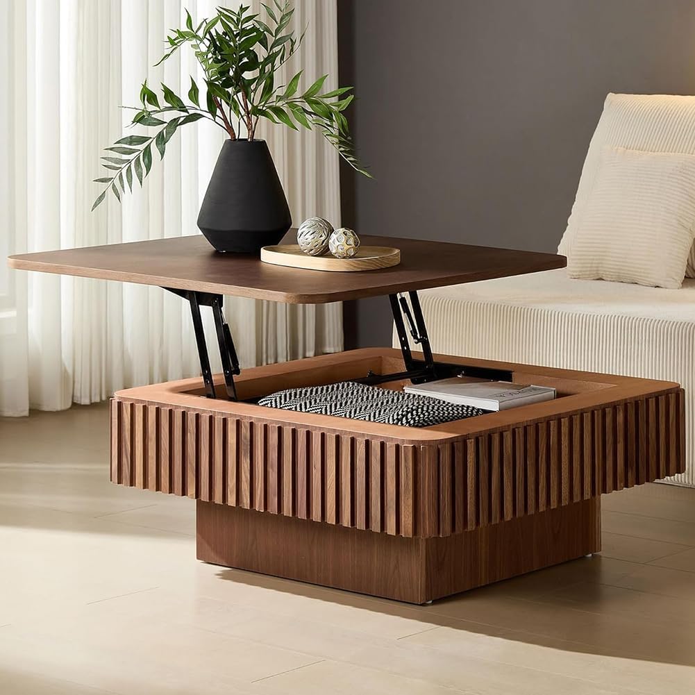 Square Coffee Table with Lift Top for Living Room Lift Up Coffee Table with Storage Fluted Coffee Tables Mid Century Modern Center Tables for Apartment 35.43'' Walnut