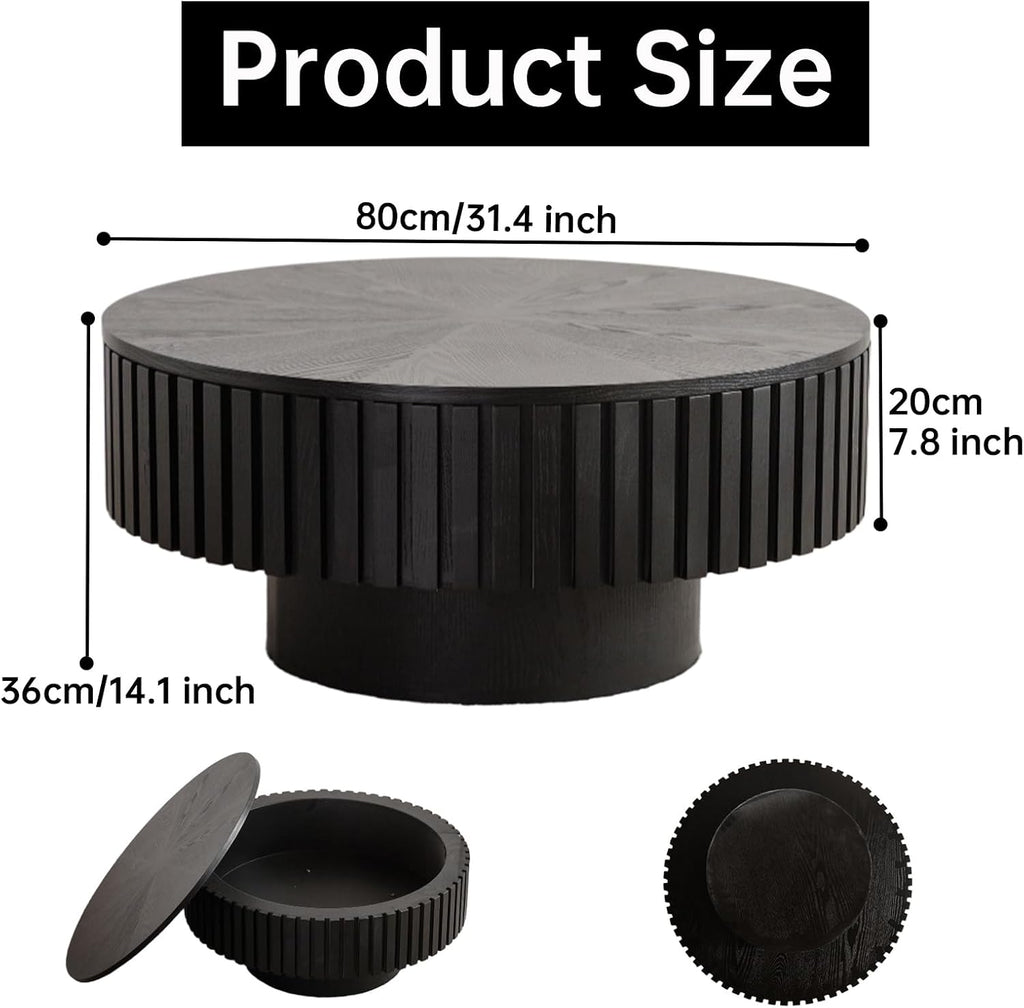Round Coffee Table with Storage for Living Room Modern Black Fluted Drum Coffee Table 31.4 inch Low Round Storage Coffee Tables for Living Room (Black A, 31.4')