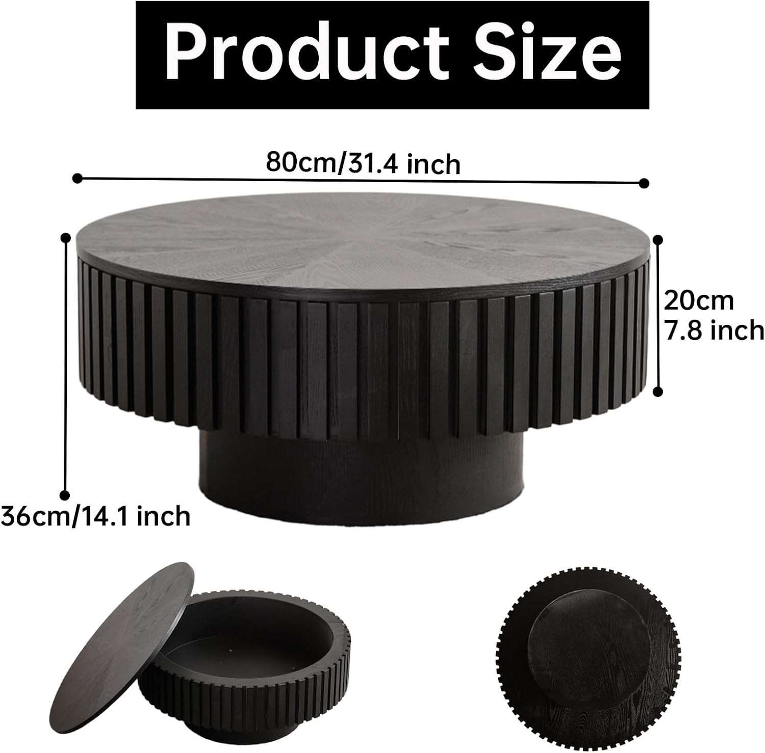 Round Coffee Table with Storage for Living Room Modern Black Fluted Drum Coffee Table 31.4 inch Low Round Storage Coffee Tables for Living Room (Black A, 31.4')
