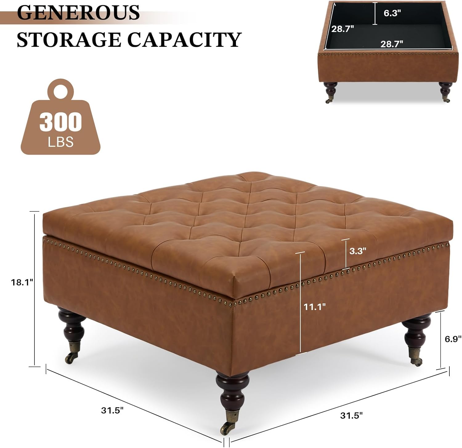 Square Storage Ottoman Coffee Table Tufted Upholstered Large Ottoman with Storage with Rolling Wheels Oversized Footrest Ottomans for Living Room, Brown Faux Leather