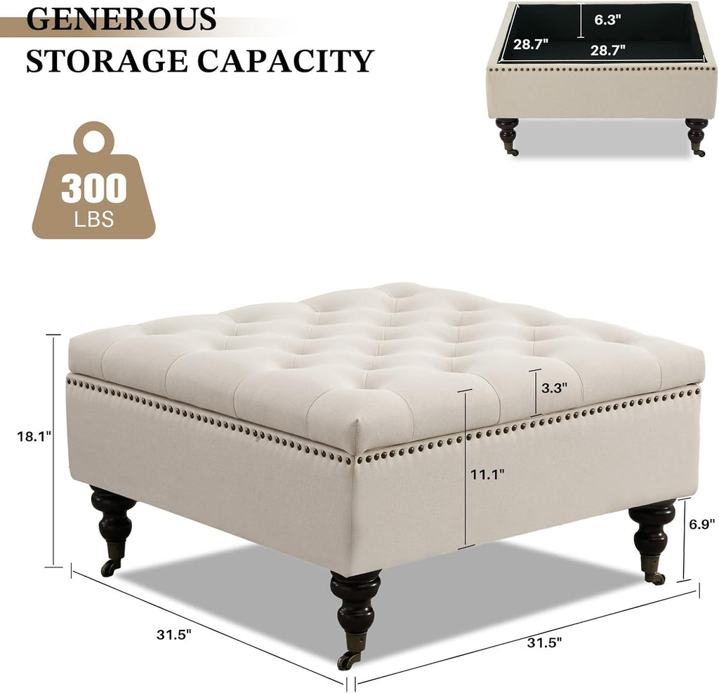 Square Storage Ottoman Coffee Table Tufted Upholstered Large Ottoman with Storage and Rolling Wheels Oversized Footrest Ottomans for Living Room, Beige Linen