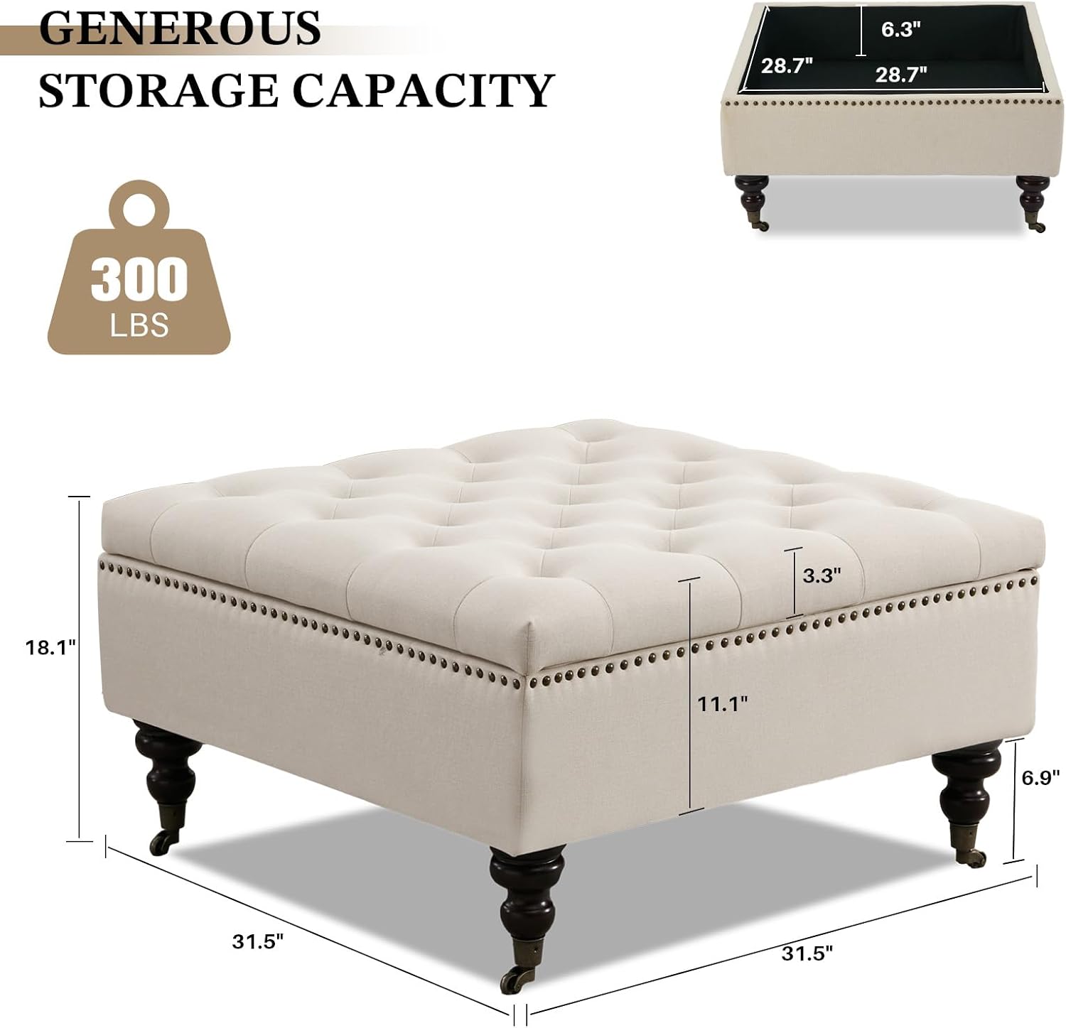 Square Storage Ottoman Coffee Table Tufted Upholstered Large Ottoman with Storage and Rolling Wheels Oversized Footrest Ottomans for Living Room, Beige Linen