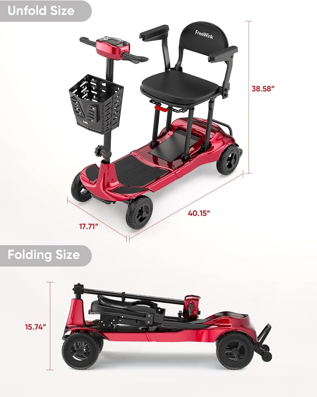 Mobility Scooters for Adults & Seniors - Ultra Lightweight 27.5 lbs Carbon Fiber Folding Electric Scooter - Airlines Approved All-Terrain Portable Scooter with Basket and Charger Included-Red