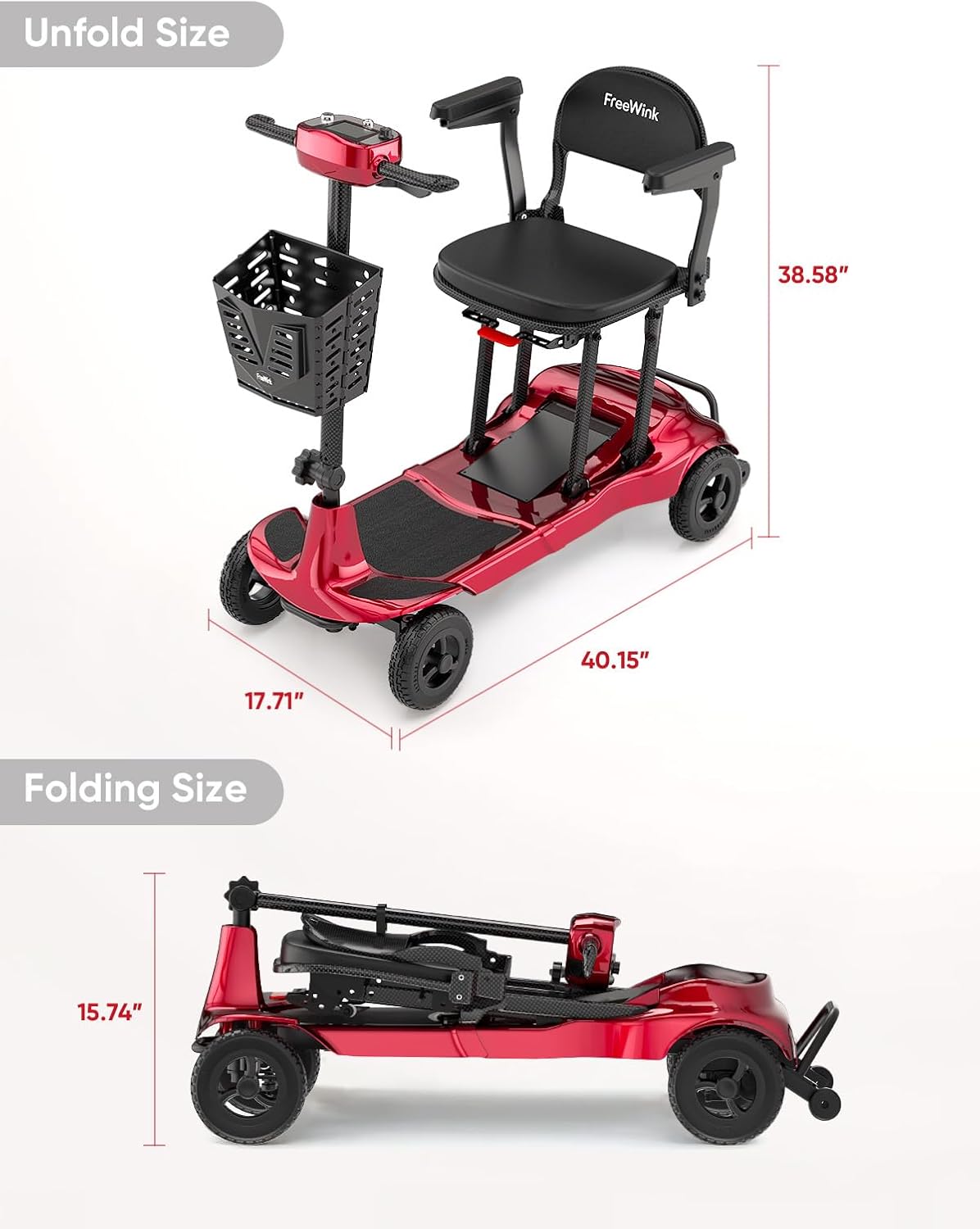 Mobility Scooters for Adults & Seniors - Ultra Lightweight 27.5 lbs Carbon Fiber Folding Electric Scooter - Airlines Approved All-Terrain Portable Scooter with Basket and Charger Included-Red