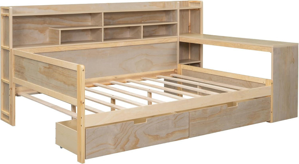 SOFTSEA Full Size Daybed with Storage Bookcase & Drawers, Wood Daybed with Study Desk and Storage Shelves for Kids Teens Adults, Full Corner Bed Frame with Storage Headboard, Antique Natural