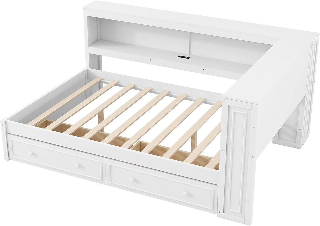 LUMISOL Full Size Corner Bed with Storage Drawers & Shelves, Wooden L-Shaped Day Bed Frame with Charging Station & LED Lighting for Living Room or Guestroom, White