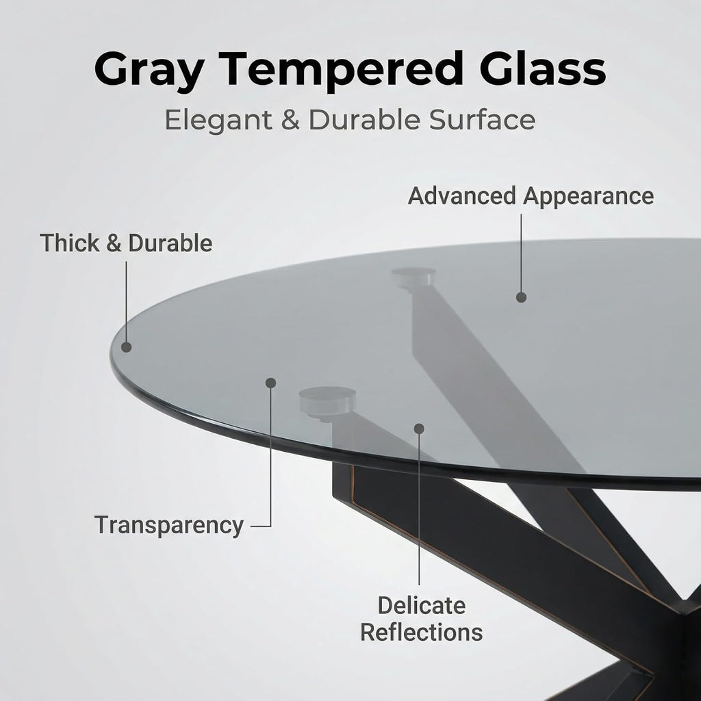 Black Round Glass Coffee Table for Living Room, Home Office, Modern & Simple Center Table with Gray Tempered Glass Top, 35.5' Wx19.7 H