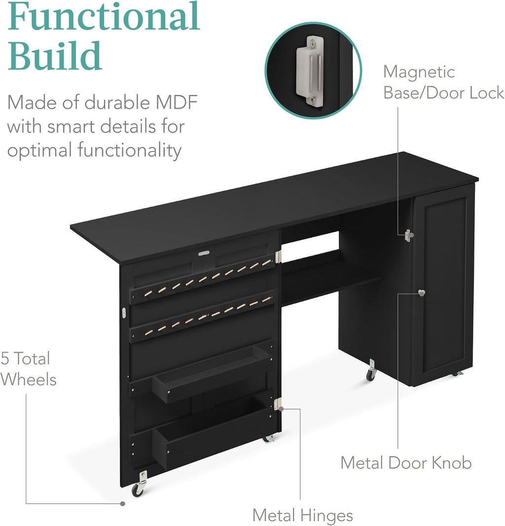 Best Choice Products Large Folding Sewing Table, Multipurpose Portable Craft Station & Side Desk w/Compact Design, Caster Wheels, Storage Shelves, 2 Storage Trays, Magnetic Doors - Black