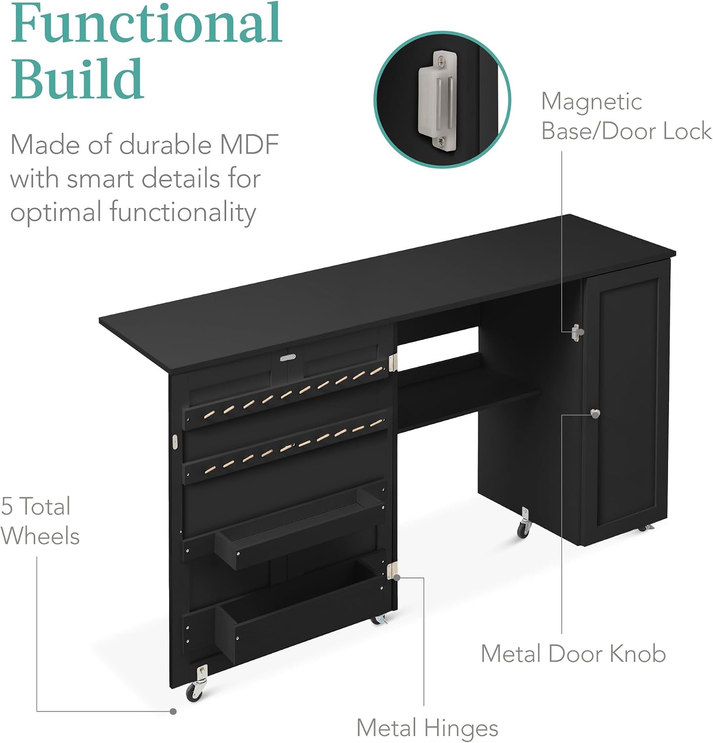 Best Choice Products Large Folding Sewing Table, Multipurpose Portable Craft Station & Side Desk w/Compact Design, Caster Wheels, Storage Shelves, 2 Storage Trays, Magnetic Doors - Black