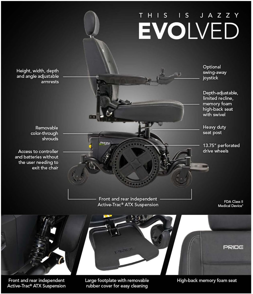 Pride Mobility Jazzy EVO 614 Group 2 Power Chair, Two-Motor, in-line, Mid Wheel Drive, Motorized Electric Wheelchair for Adults & Elderly, 300 lbs. WC, Up to 4.4 MPH, 19 or 21.5 Miles Range Per Charge