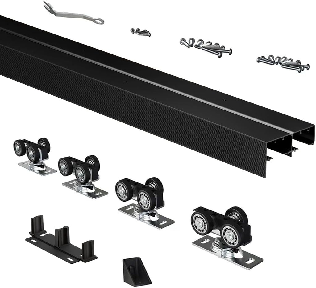 Heavy Duty Bypass Sliding Closet Door Track Hardware 96', 8 FT Aluminium Pocket Door Track Rail Set, Smoothly and Quietly, for 2 Door System,Black