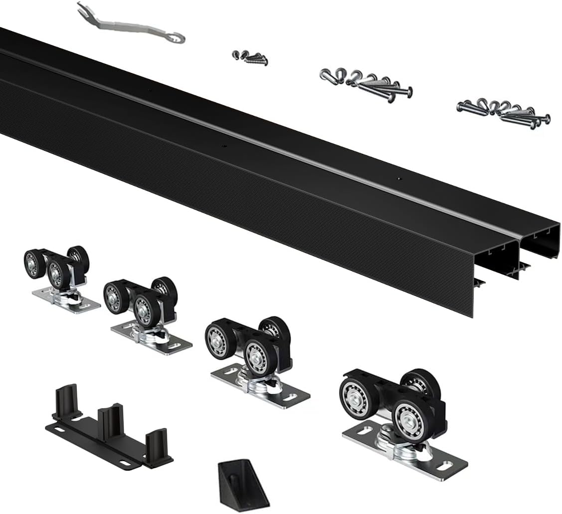 Heavy Duty Bypass Sliding Closet Door Track Hardware 72', 6 FT Aluminium Pocket Door Track Rail Set, Smoothly and Quietly, for 2 Door System,Black