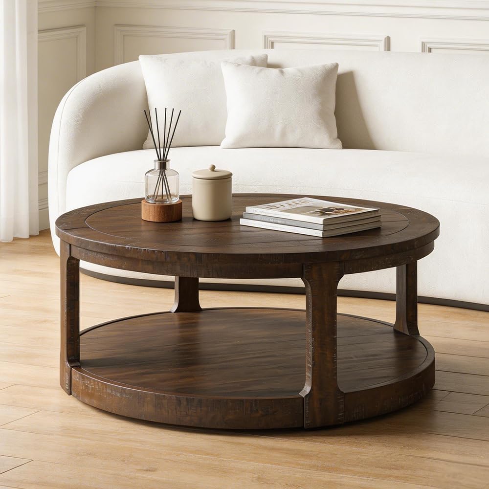 WILLIAMSPACE 40' Round Coffee Table with Wheels, Circle 2 Tier Solid Wood Center Coffee Table, Mid Century Retro Farmhouse Rounded End Table for Living Room Apartment, ø40 x 17.52' H (Dark Brown)