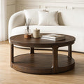 WILLIAMSPACE 40' Round Coffee Table with Wheels, Circle 2 Tier Solid Wood Center Coffee Table, Mid Century Retro Farmhouse Rounded End Table for Living Room Apartment, ø40 x 17.52' H (Dark Brown)