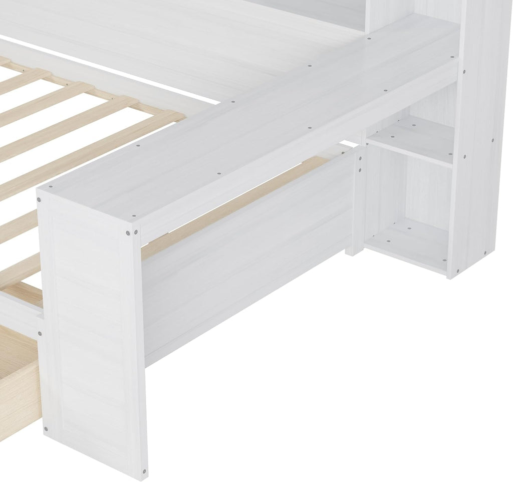 Bellemave Twin Size Corner Bed Frame with Storage Shelves and Desk, Wood Twin Daybed with Bookcase and Drawers，Twin Daybed with Storage, Antique White