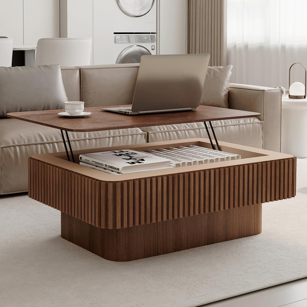 Lift Top Coffee Table with Storage for Living Room Mid Century Modern Coffee Table with Lifting Top Wood Fluted Coffee Tables with Lifts Up Tabletop for Home Apartment Office 38.6',Walnut Rectangle
